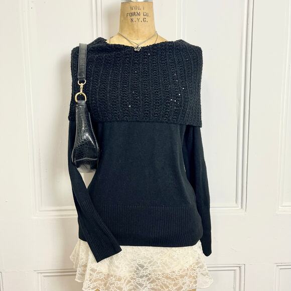 NY&Co Black long sleeve cowl neck over shoulder glam sweater festive size XS - Picture 5 of 8